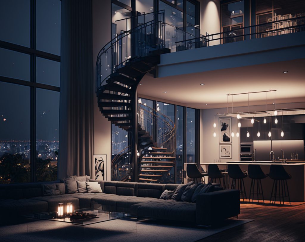 Penthouse Living Room, Luxury Apartment with Skyline City View, custom light fixtures